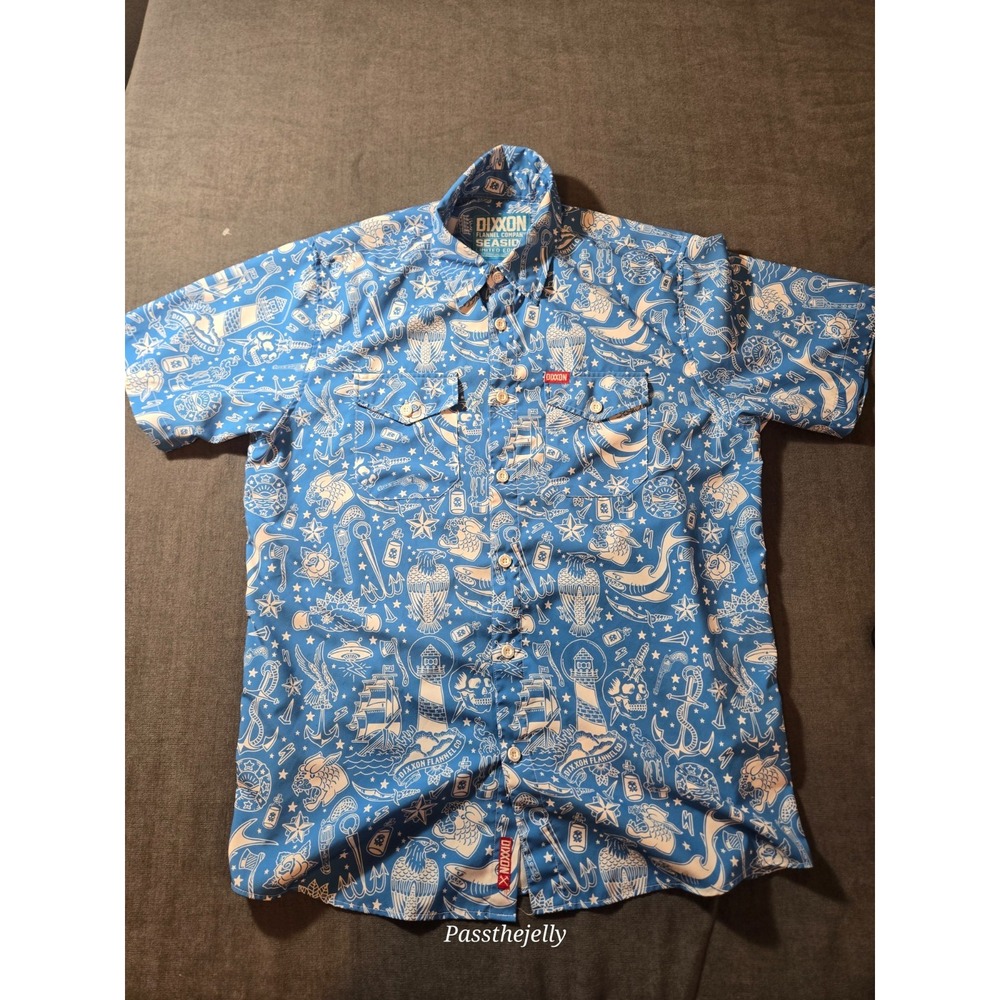 Dixxon Shirt Men's Large Seaside Blue Tattoo Art Nautical Lightweight Limited